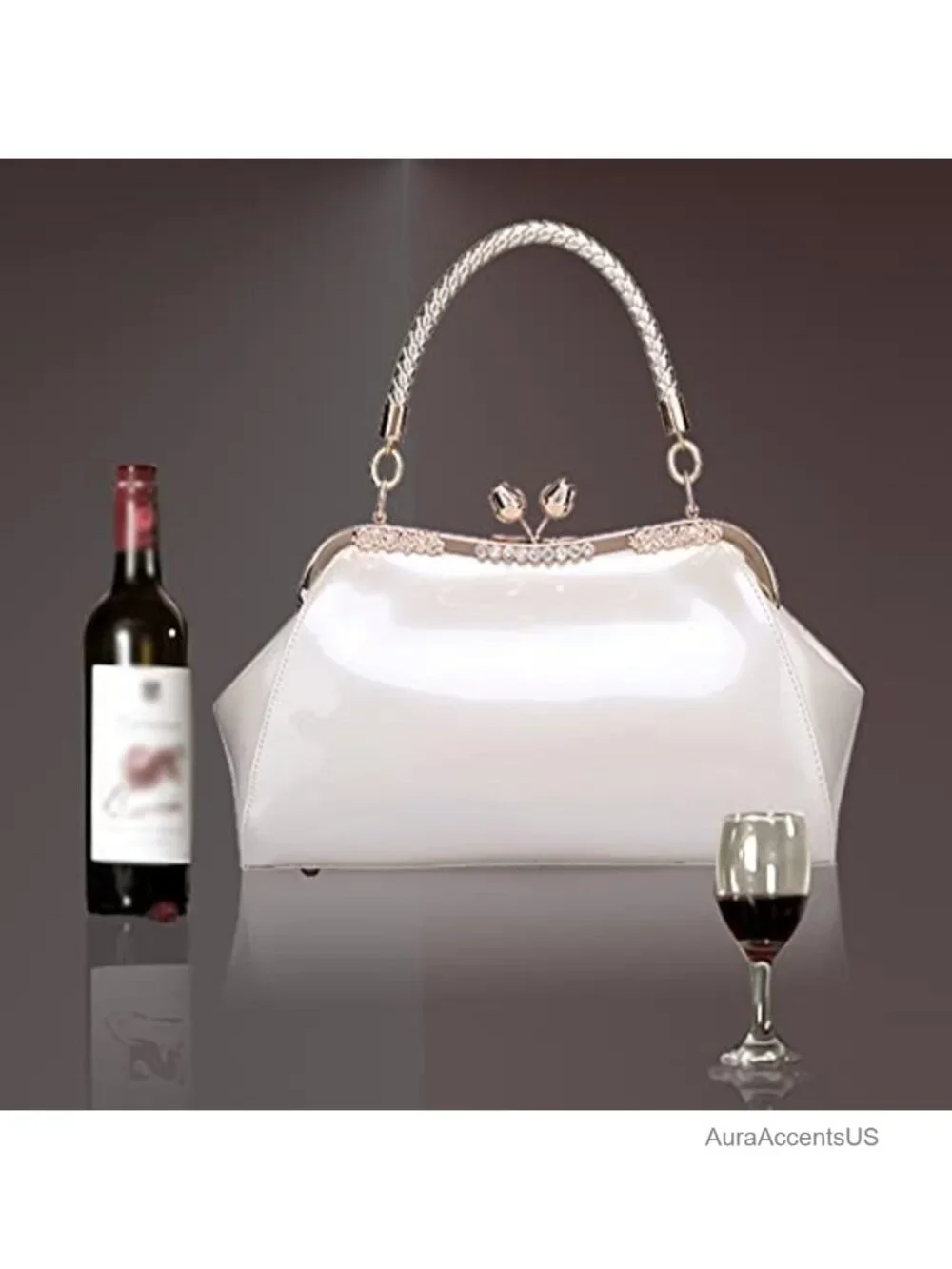 Vintage Glossy Patent Leather Satchel - Floral Kiss Lock Chain Purse